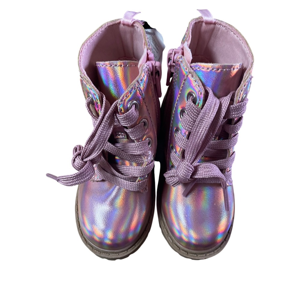 Old Navy Kids Pink Iridescent Holographic Lace Up Side Zip Combat Boots Size 6 - Picture 2 of 12